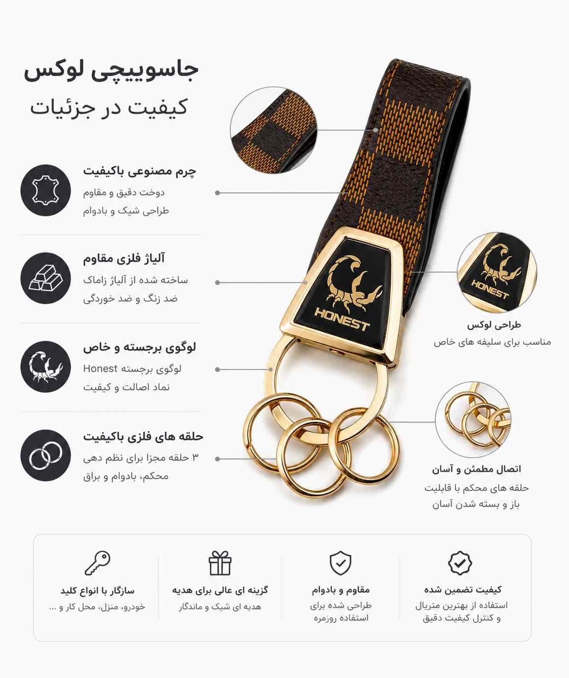 جاسوئیچی چرمی هانست مدل عقرب طلایی — تصویر ۲