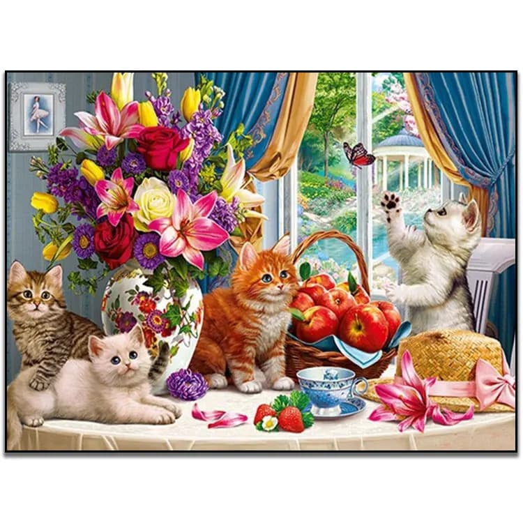 کیت نقاشی الماسی گربه‌ها و گل‌ها