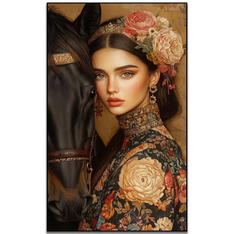 کیت نقاشی الماسی بزرگسال گل بانو و اسب