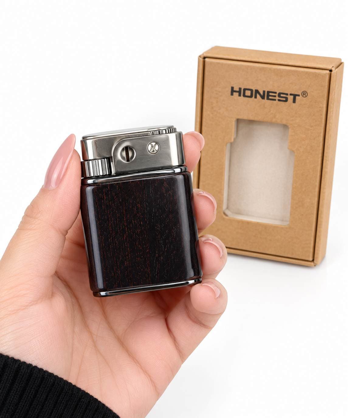 فندک بنزینی هانست Honest مدل کلاسیک طرح چوب D1 — تصویر ۲