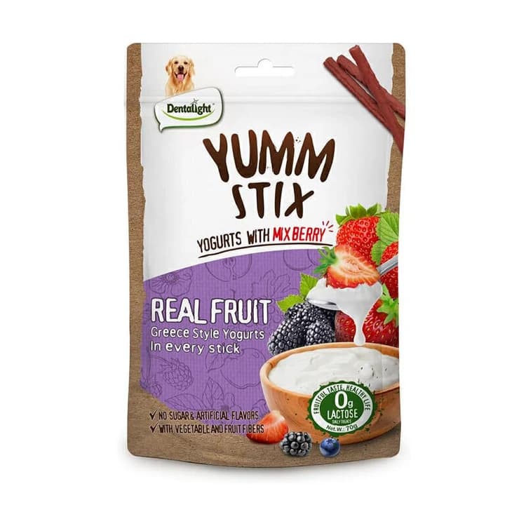 تشویقی سگ دنتالایت مدل YUMM STIX REAL FRUIT طعم ماست و میکس بری وزن 70 گرم