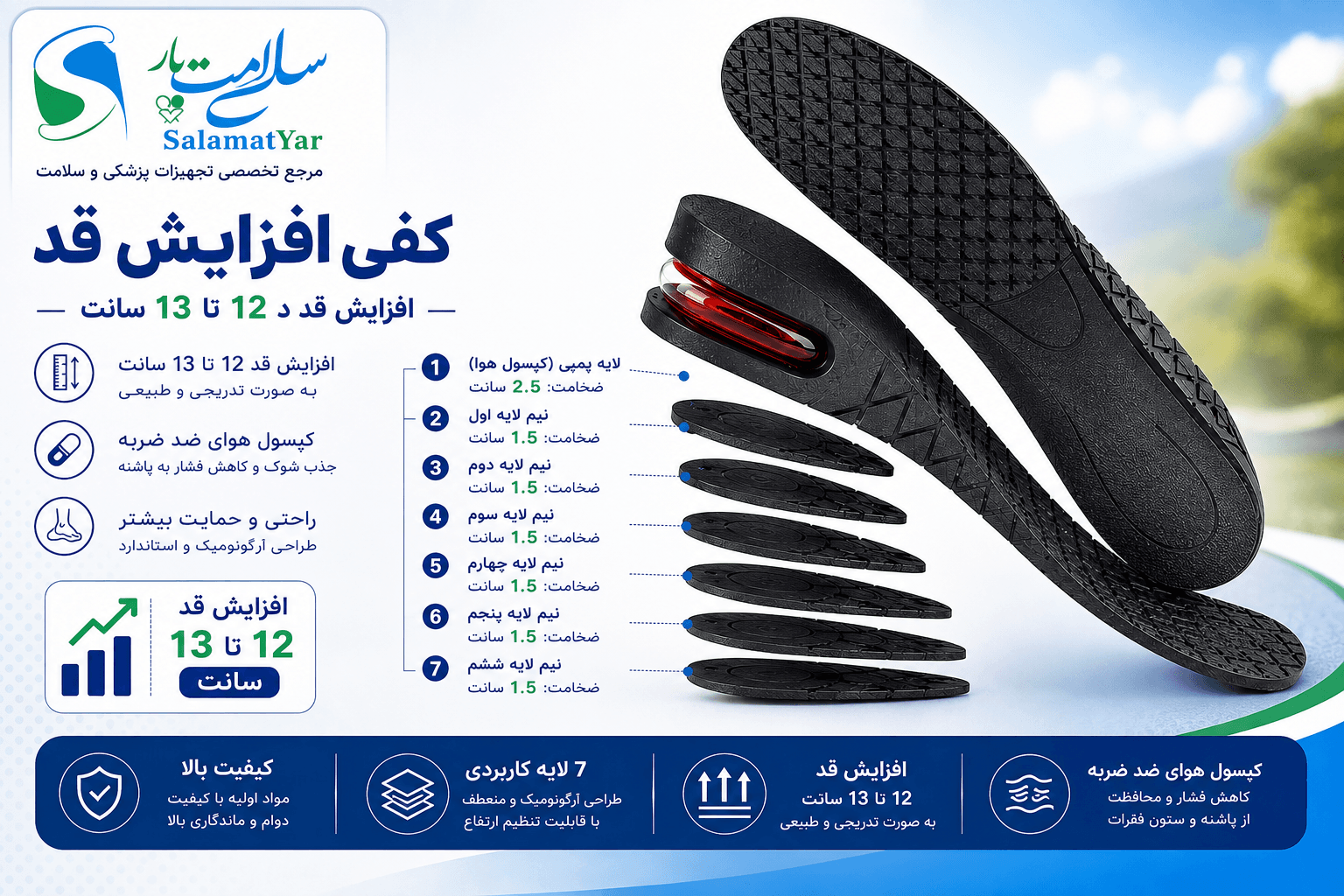 کفی افزایش قد ۱۳ سانتیمتر پمپی ۸ لایه- سلامت یار