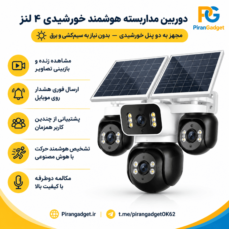 دوربین خورشیدی سیم‌کارتی 4G هوشمند چرخشی مدل AOV-360 با ۴ لنز مجزا و پنل دوگانه سولار (اپلیکیشن HiEasy) — تصویر ۲