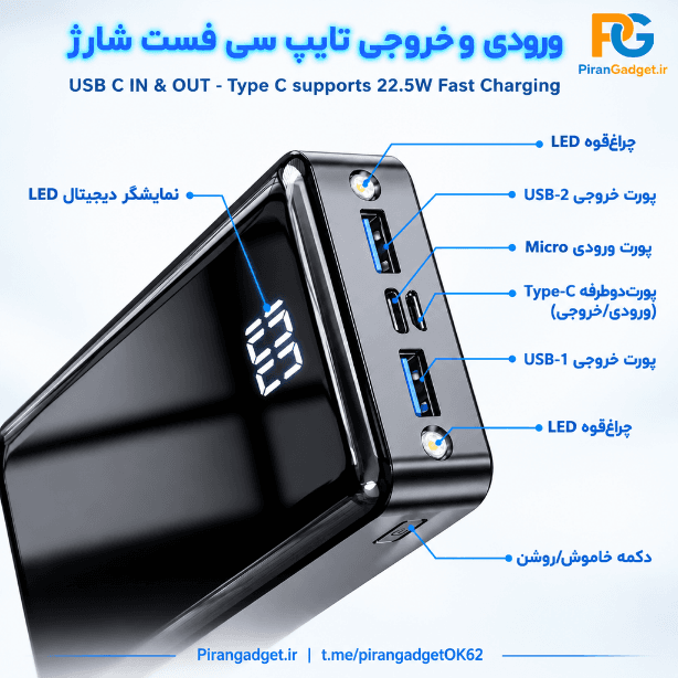 پاور بانک 24000 میلی آمپر ساعت فست شارژ 22.5 وات مدل XHC-PD T82 — تصویر ۵