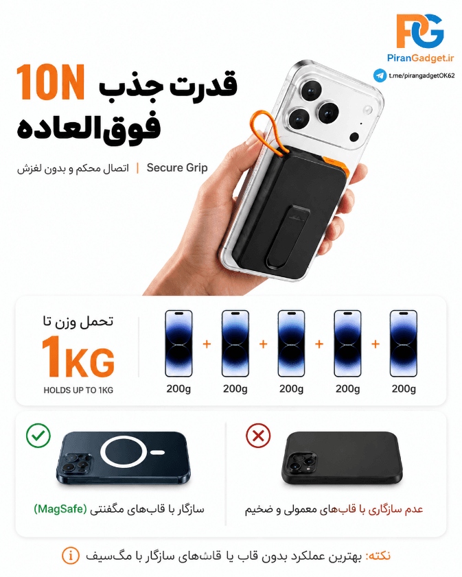 پاوربانک وایرلس مگ سیف 10000 میلی آمپر نتانو Ntaanoo MP51 توان 22.5 وات با کابل متصل و استند تاشو — تصویر ۳
