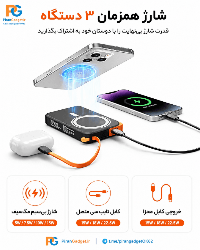 پاوربانک وایرلس مگ سیف 10000 میلی آمپر نتانو Ntaanoo MP51 توان 22.5 وات با کابل متصل و استند تاشو — تصویر ۵