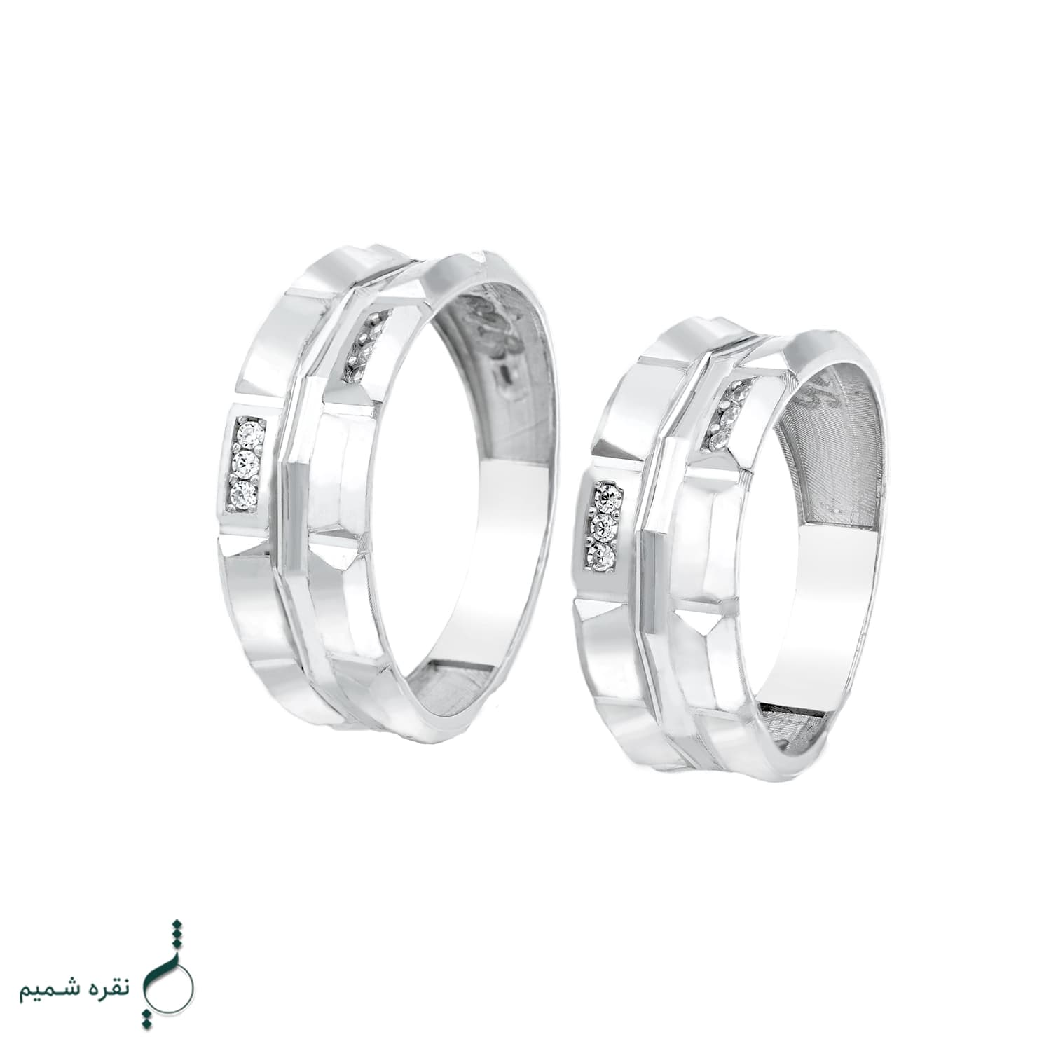 حلقه ست نقره زنانه و مردانه طرح هندسی نگین‌دار مدل HSE-K83