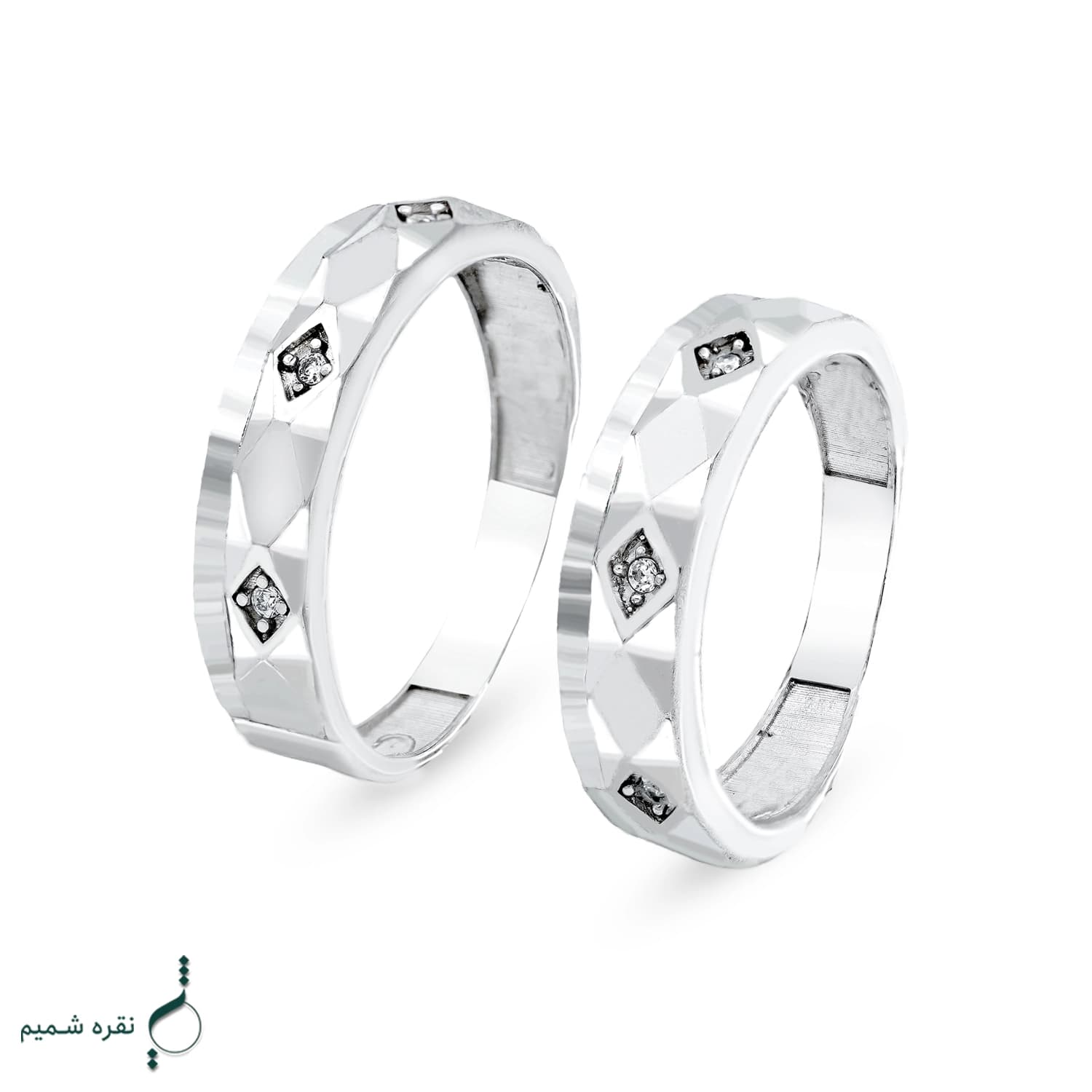 حلقه ست نقره زنانه و مردانه طرح هندسی نگین‌دار مدل HSE-K82