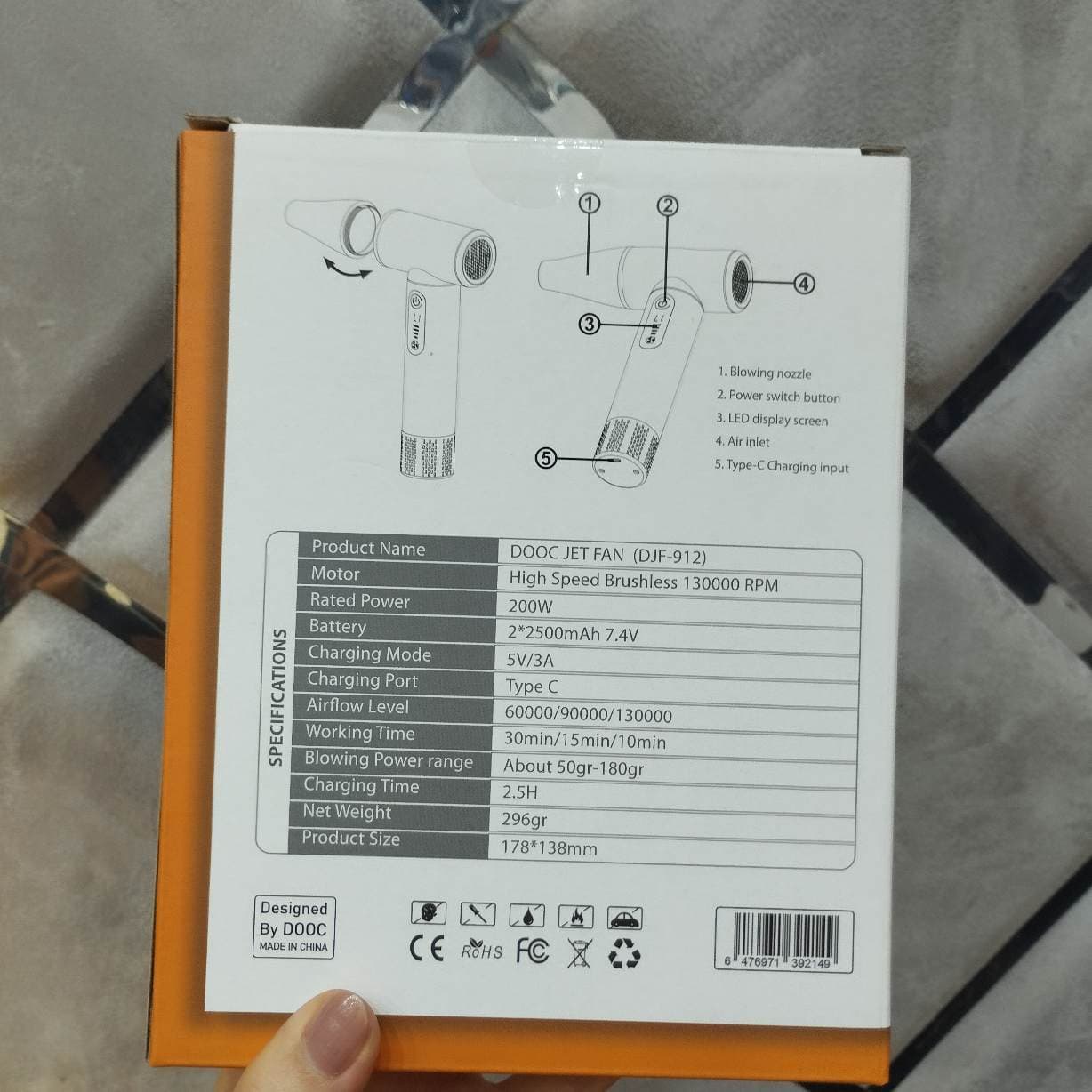 جت‌فن پرتابل DOOC مدل DJF‑912 |دمنده دستی پرقدرت براشلس — تصویر ۴