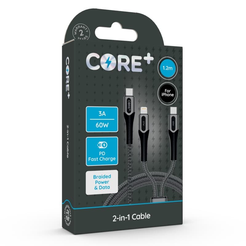 کابل 2 در 1 CORE+ | Type‑C + Lightning | 60W PD بافته شده
