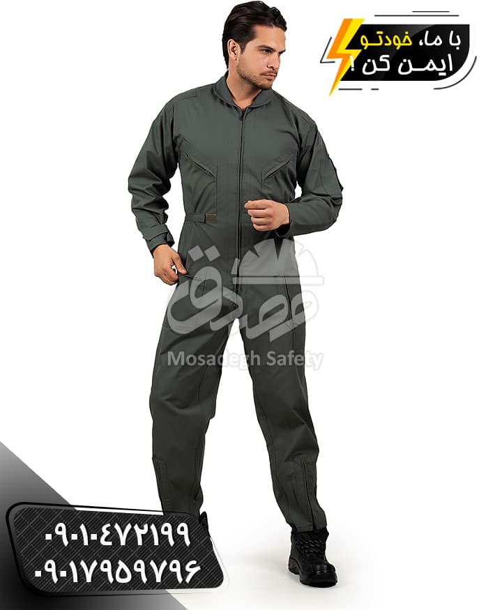 لباس کار یکسره خلبانی | فلامنت سبز زیتونی — تصویر ۴