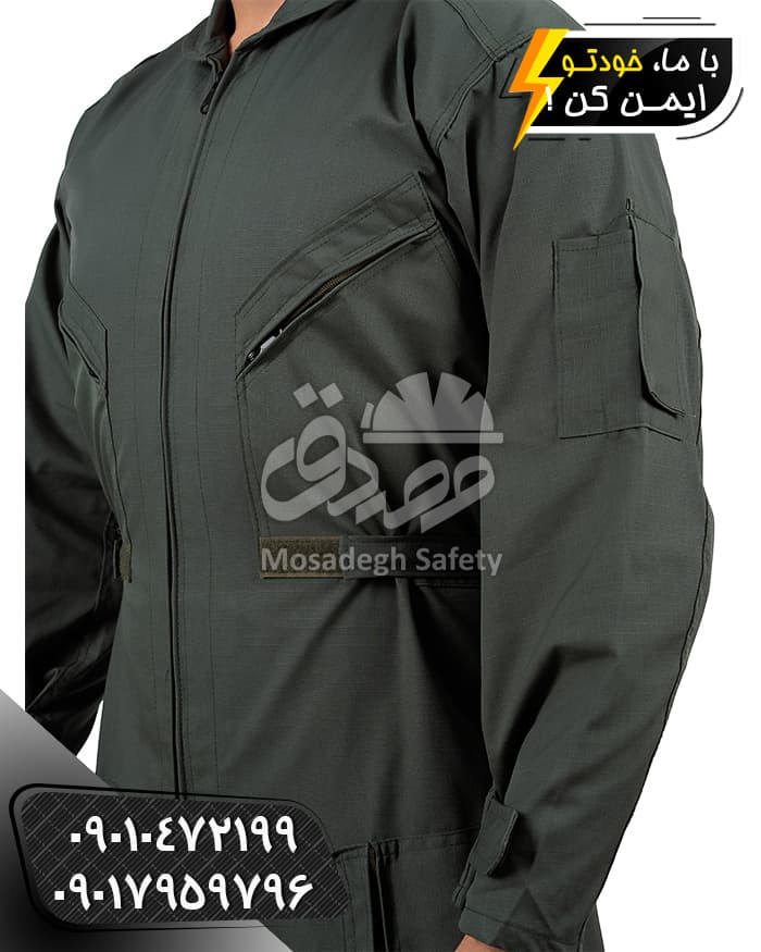 لباس کار یکسره خلبانی | فلامنت سبز زیتونی — تصویر ۳