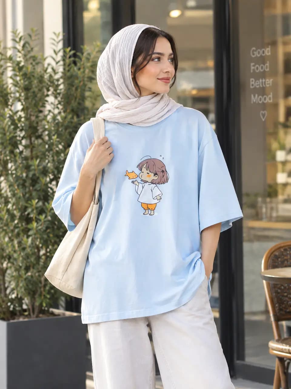تیشرت باکسی طرح دختر و ماهی کد 3989 — تصویر ۲