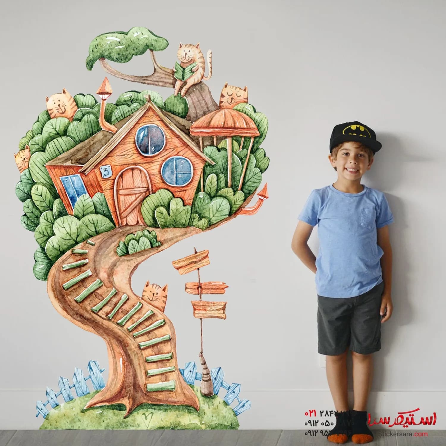 برچسب دیواری کلبه درختی خونه گربه ها — تصویر ۳