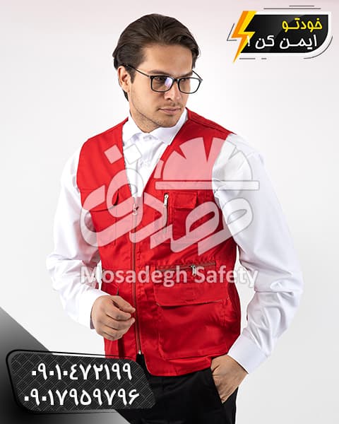 جلیقه کار قرمز HSE | جلیقه خبرنگاری و جلیقه مهندسی — تصویر ۳