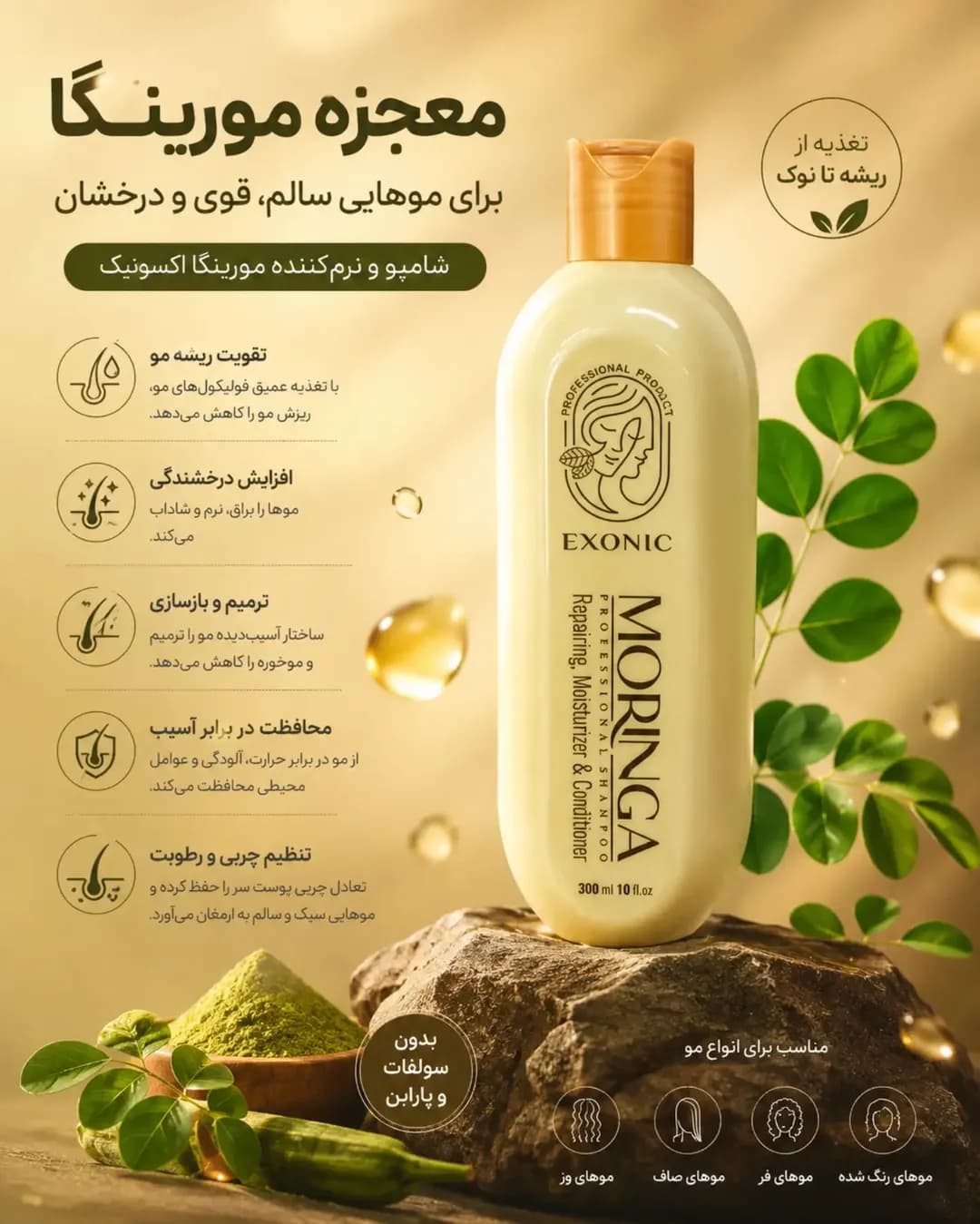 شامپو تقویت کننده و ضد زیرش مو برند اکسونیک حاوی روغن مورینگا حجم ۳۰۰ میلی لیتر اورجینال