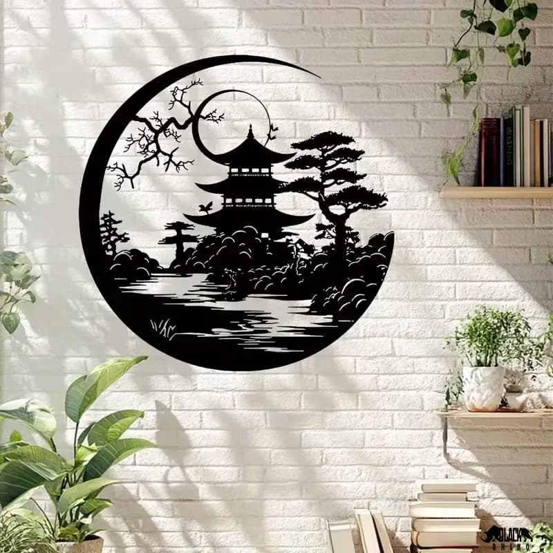 استیکر چوبی طرح معبد ژاپنی و پاگودا مدل لاین آرت — تصویر ۳