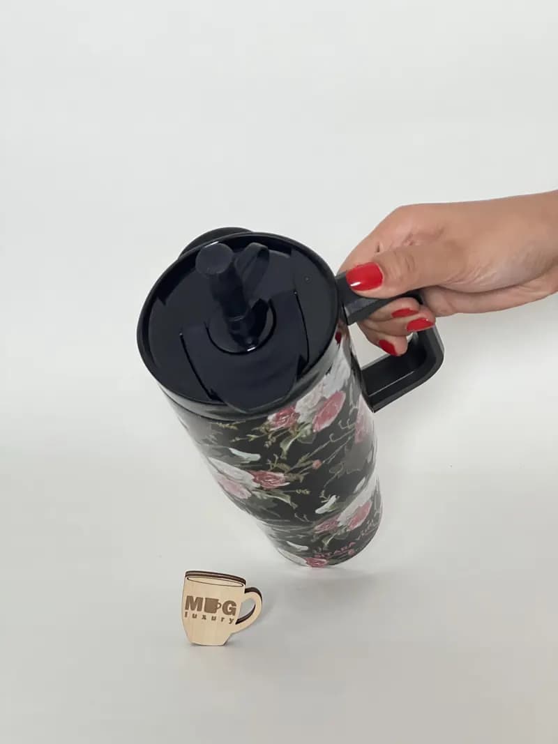 تراول ماگ سطلی SITARAYURI دوحالته بغل دسته دار گل دار 1200 میل استیل 304 — تصویر ۷