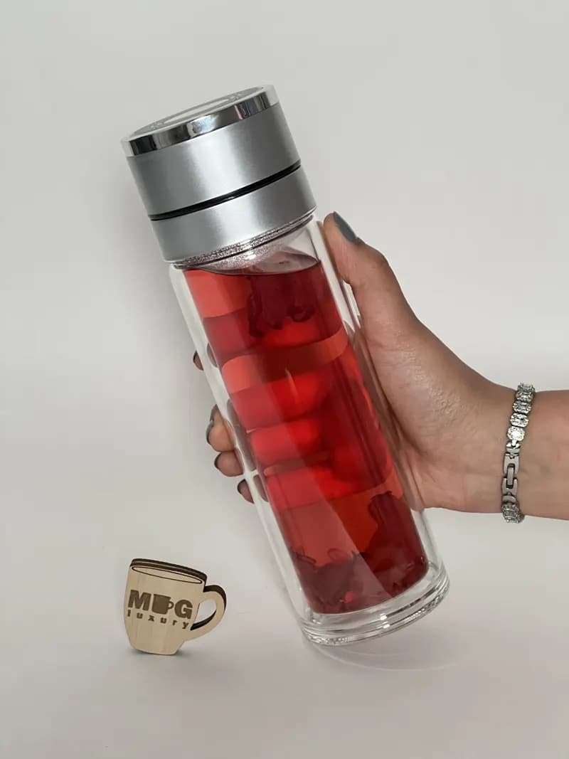 فلاسک دمنوش پیرکس دوجداره استوانه درب فشاری صافی دار — تصویر ۲