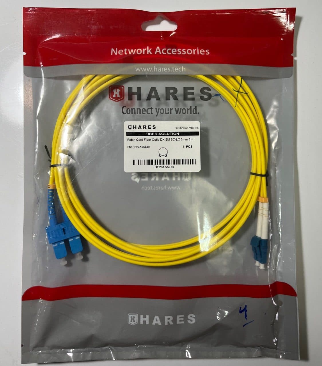 پچ کورد فیبر نوری HARES مدل SC-LC DX SM طول 3 متر با قطر 3 میلی‌متر