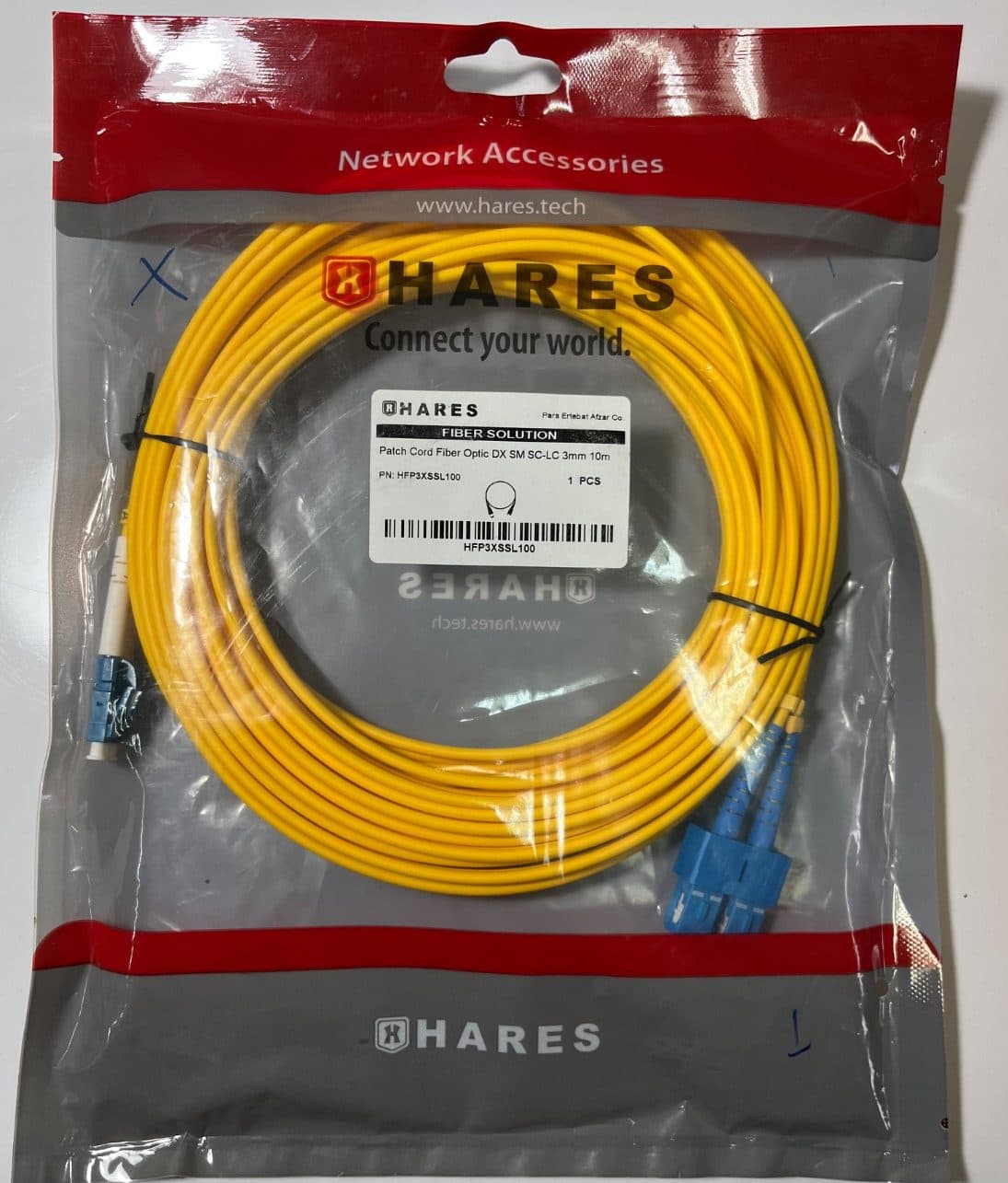 پچ کورد فیبر نوری HARES مدل SC-LC DX SM طول 10 متر با قطر 3 میلی‌متر