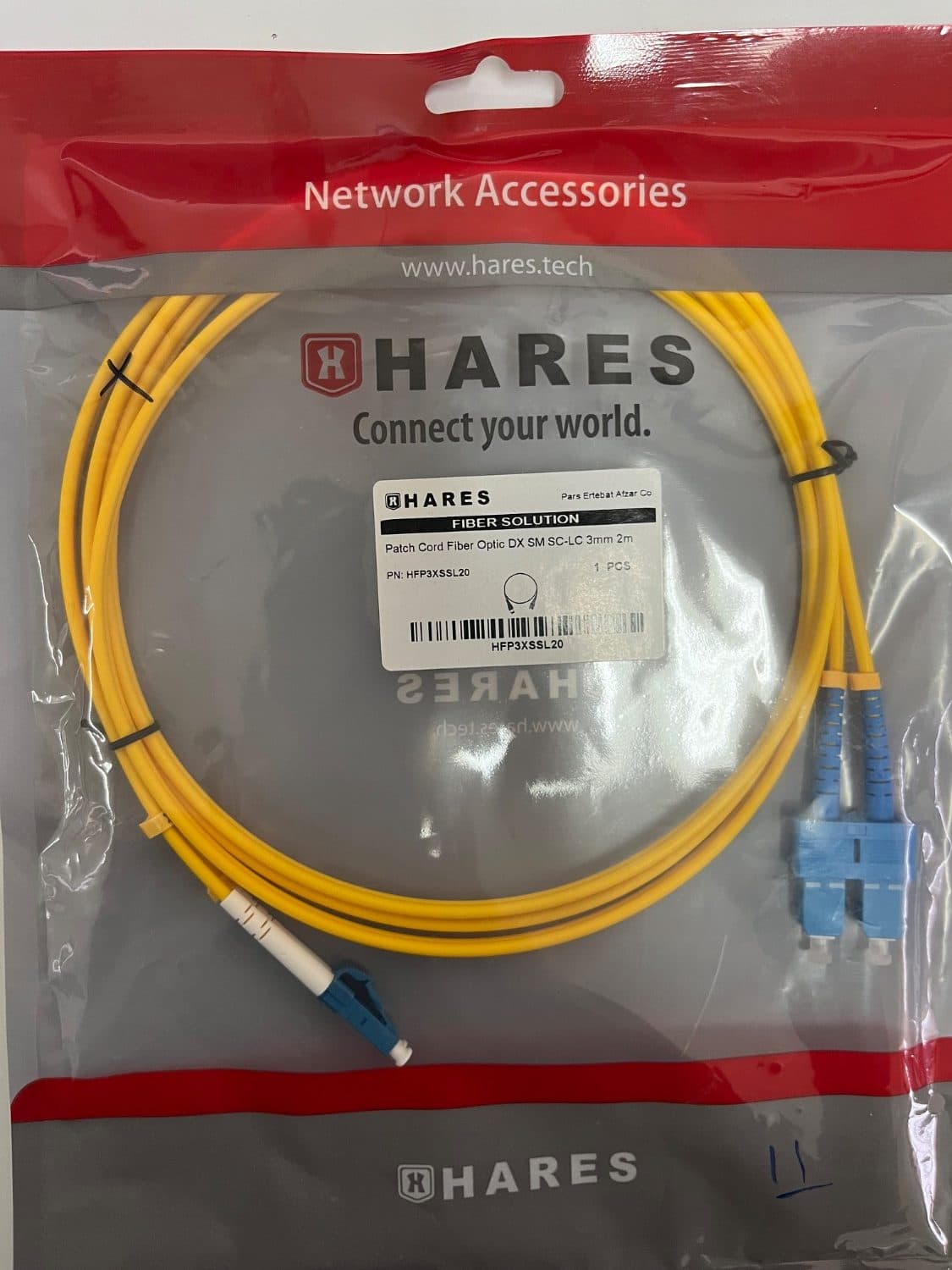 پچ کورد فیبر نوری HARES مدل SC-LC DX SM طول 2 متر با قطر 3 میلی‌متر