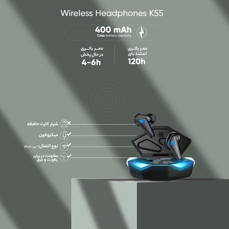 هدفون بی سیم K55 مدل گیمینگ با بلوتوث ۵ و ضد آب IPX5 — تصویر ۷