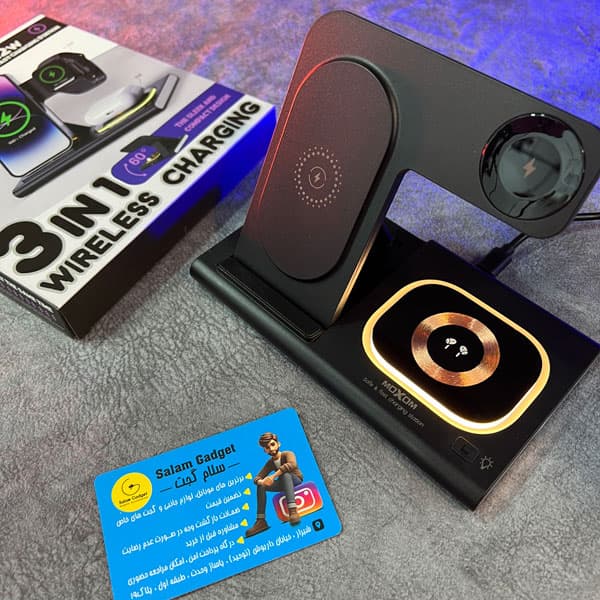 شارژر وایرلس 3 در 1 Moxom | ST11 ایستگاه شارژ سریع و شیک برای موبایل، ساعت و ایرپاد — تصویر ۳