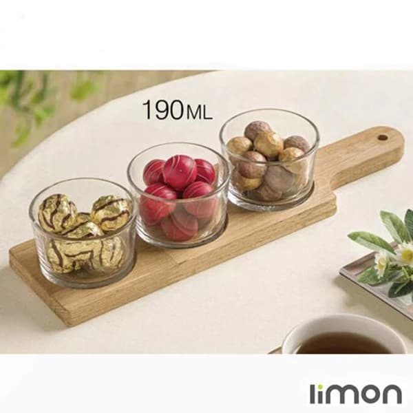 اردورخوری کاسه گرد 3 عددی پایه چوبی لیمون — تصویر ۲