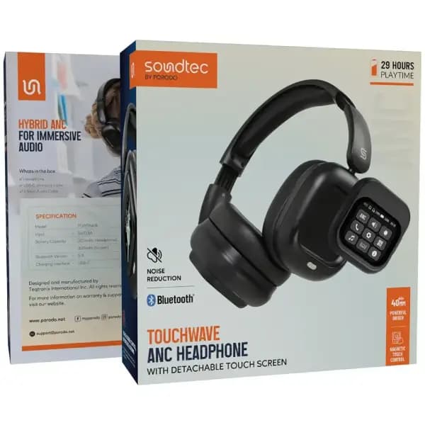 هدفون بلوتوثی مجهز به کنترل نمایشگردار مغناطیسی پرودو مدل Porodo Soundtec Touchwave ANC — تصویر ۱۰