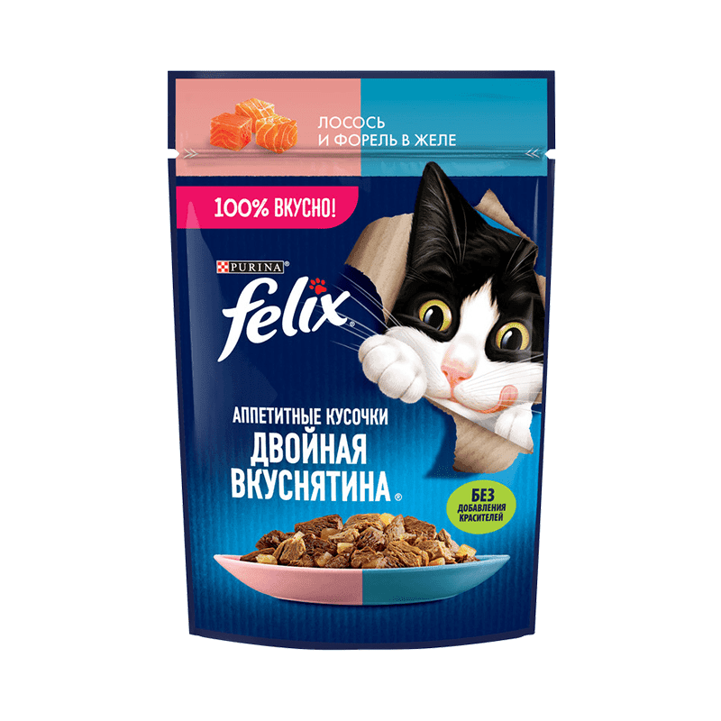 پوچ گربه فلیکس Felix با طعم ماهی سالمون و قزل آلا در ژله