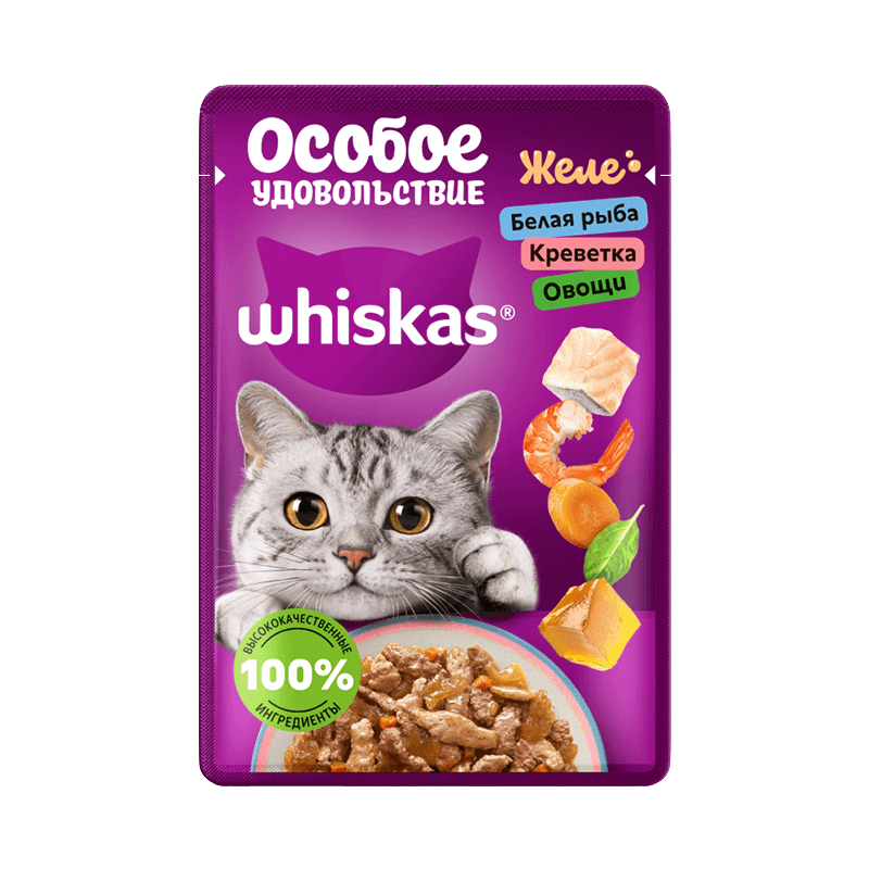 پوچ گربه ویسکاس Whiskas میکس ماهی سفید،میگو و سبزیجات در ژله