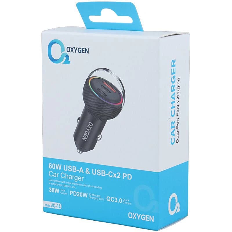 شارژر فندکی 60 وات اکسیژن AC-14 | PD + QC3.0 + 3 پورت — تصویر ۲