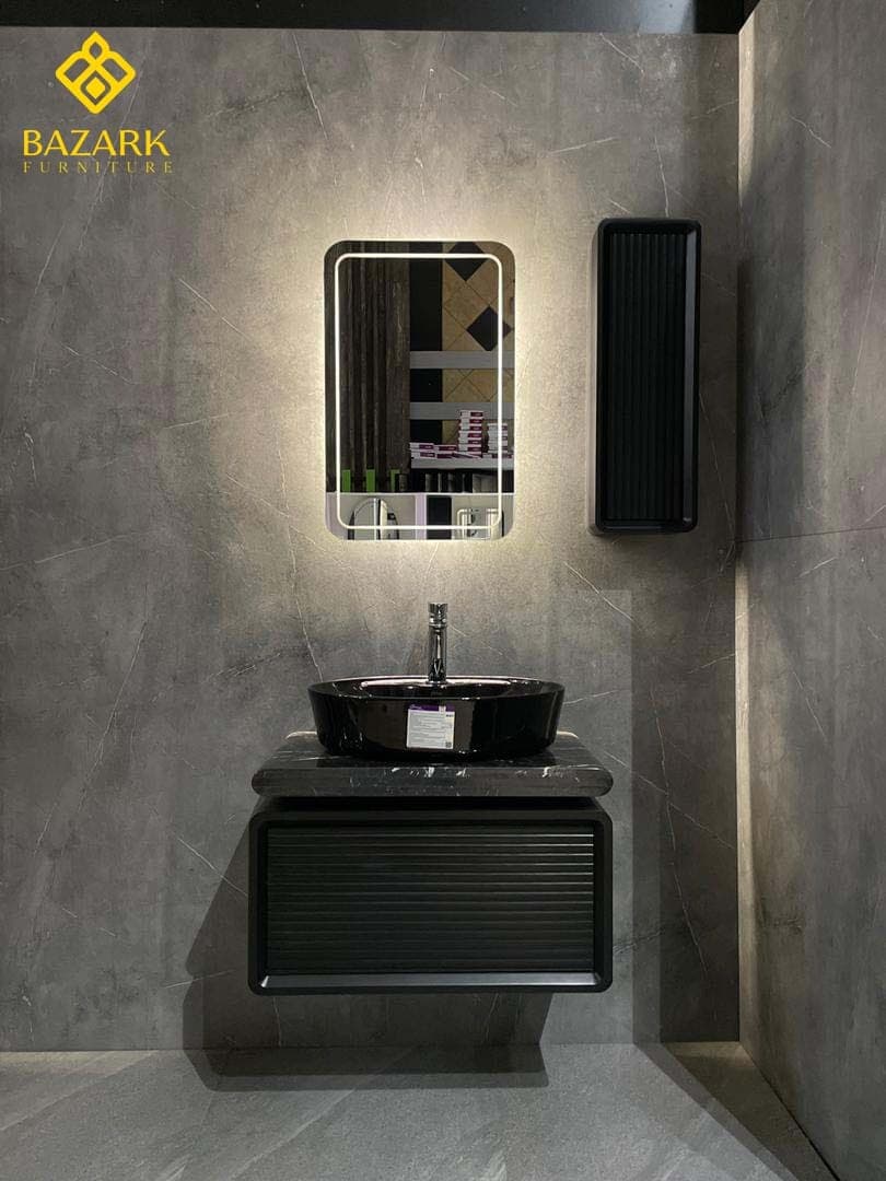 روشویی سنگی کابینت دار مدل بامبو با سنگ مشکی — تصویر ۳