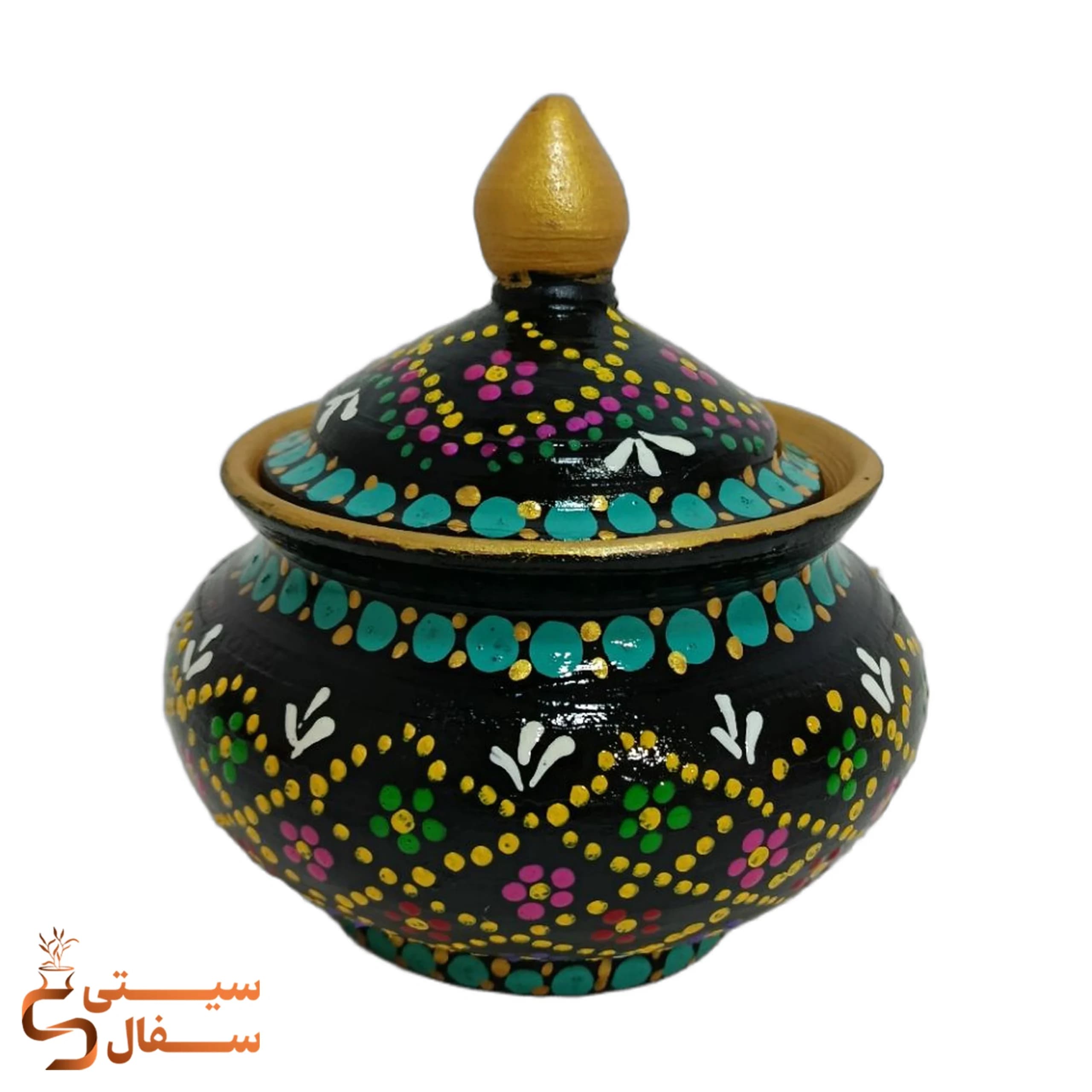 قندان سفالی میناکاری مشکی طرح گل و نقطه‌ای مناسب پذیرایی و دکور | سیتی سفال