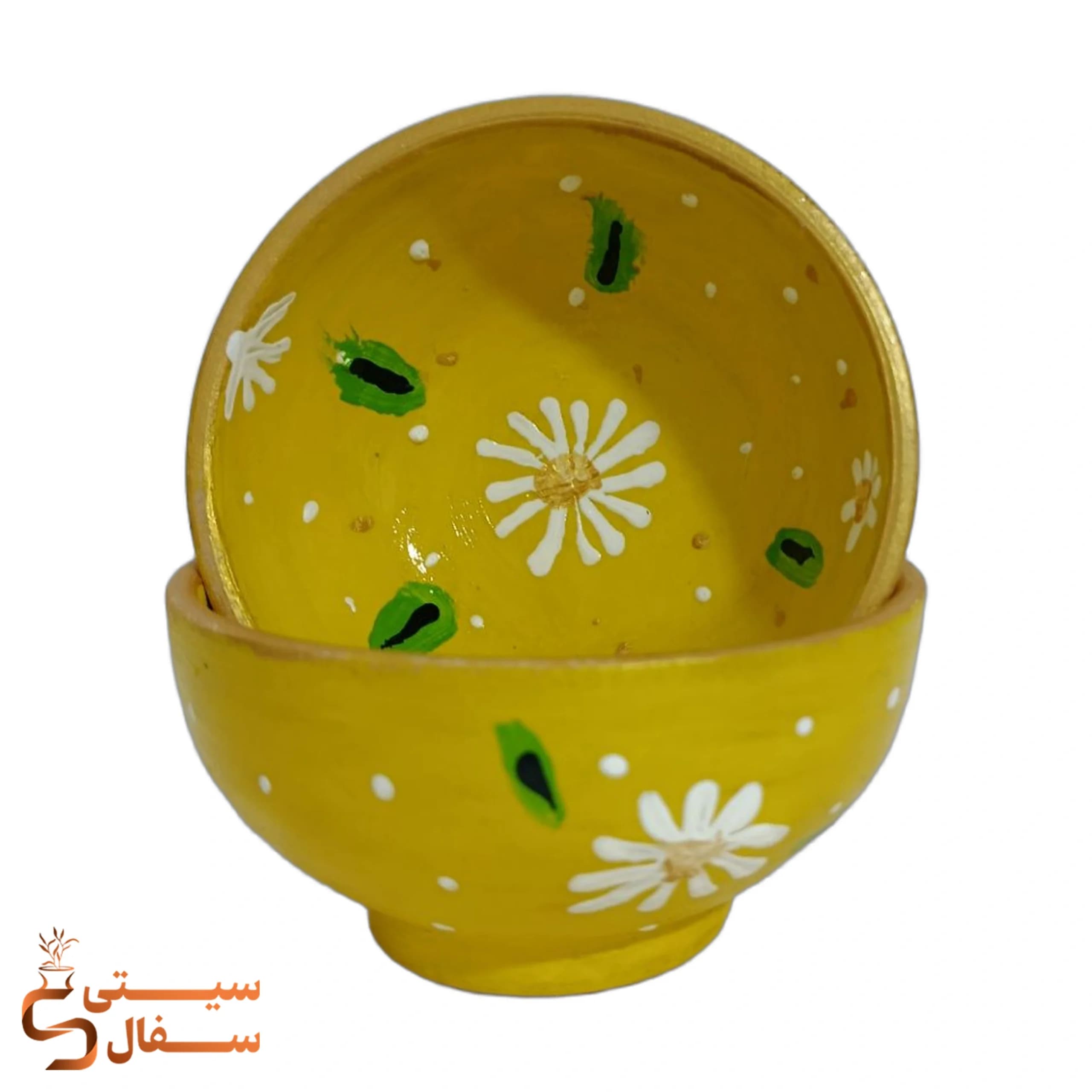 کاسه سفالی خردلی طرح بابونه نقطه کوبی ضد آب (سفارش تکی، ۶ و ۱۲ عددی)