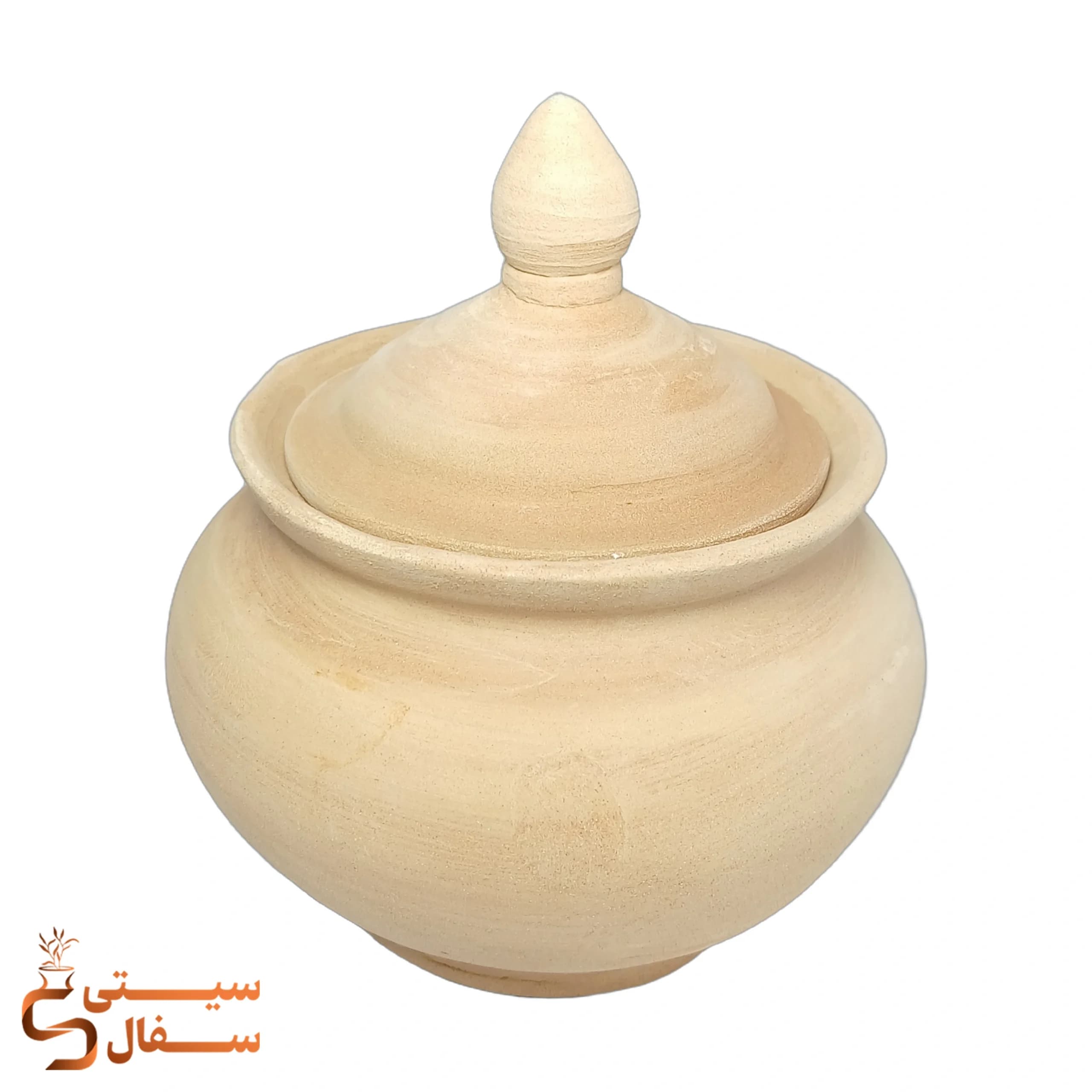 قندان سفالی خام درب دار قبه ای سنتی (بیس نقاشی اکریلیک، میناکاری سرد، نقطه‌کوبی و پتینه)