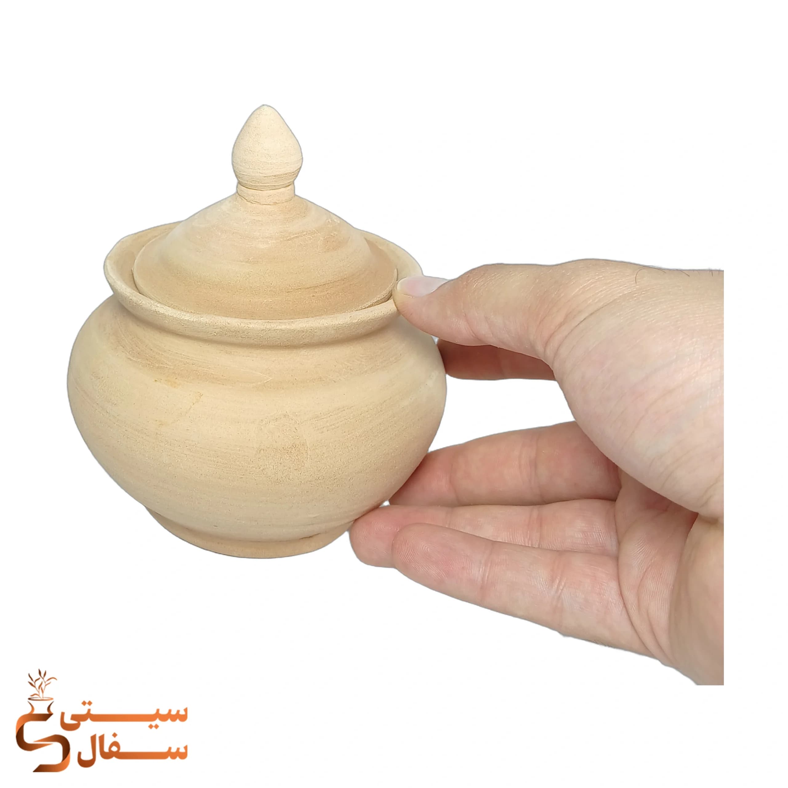قندان سفالی خام درب دار قبه ای سنتی (بیس نقاشی اکریلیک، میناکاری سرد، نقطه‌کوبی و پتینه) — تصویر ۲