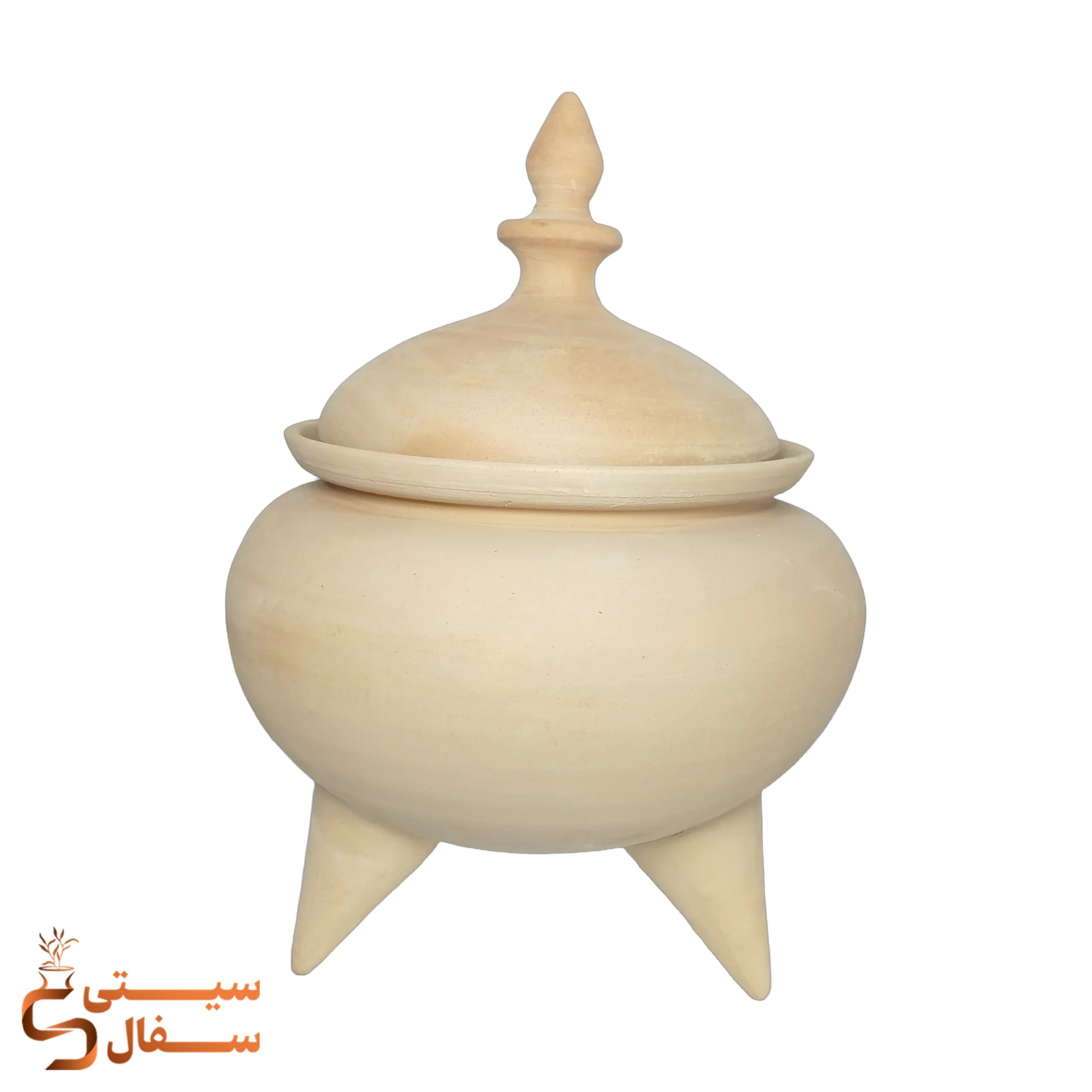 ظرف آجیل و شکلات خوری سفالی خام ۳ پایه لالجین سایز بزرگ درب دار (ارتفاع ۲۷ سانتی‌متر)