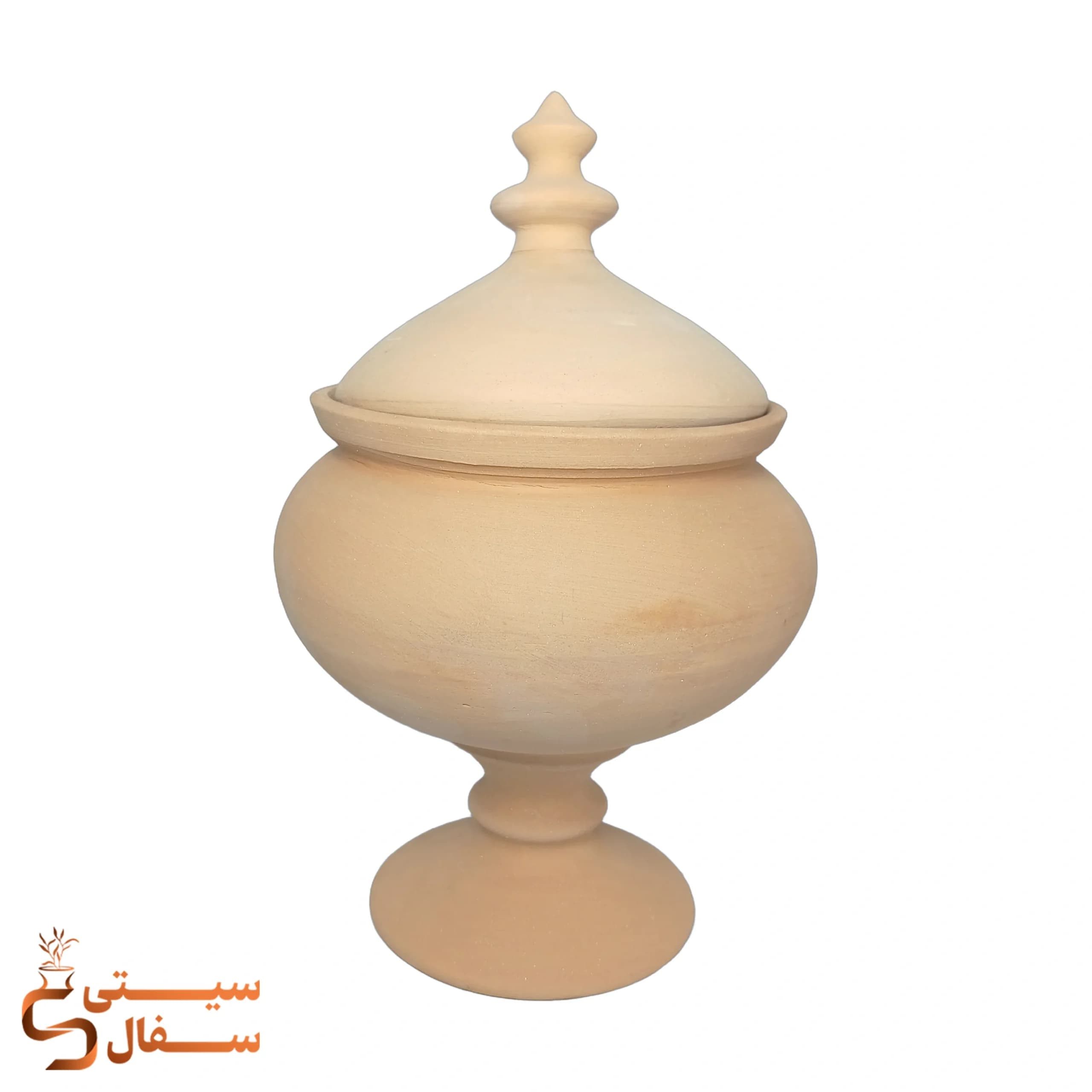 آجیل خوری سفالی خام متوسط پایه دار درب دار ارتفاع ۲۵ سانت (بیس نقاشی، پتینه و هفت سین)