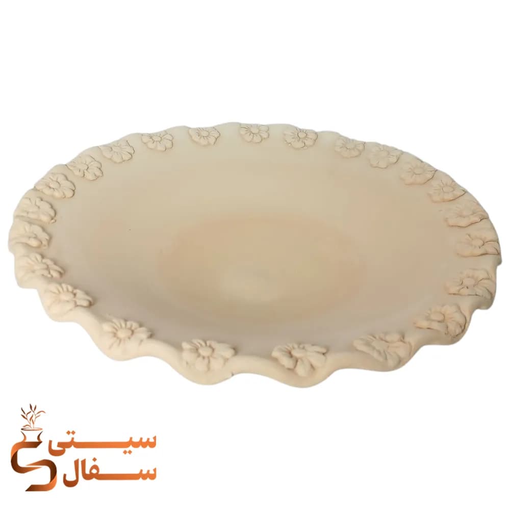 بشقاب سفالی خام گلدار دور دالبری قطر ۳۰ سانت (بیس میوه خوری، نقاشی اکریلیک و نقطه کوبی)