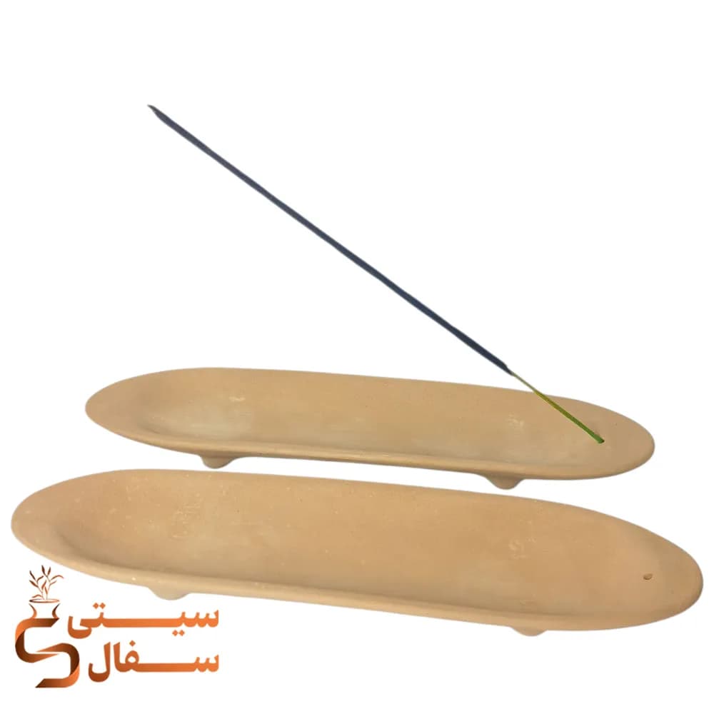 جاعودی سفالی خام طرح پر و قایقی پایه‌دار (بیس نقاشی اکریلیک، پتینه)