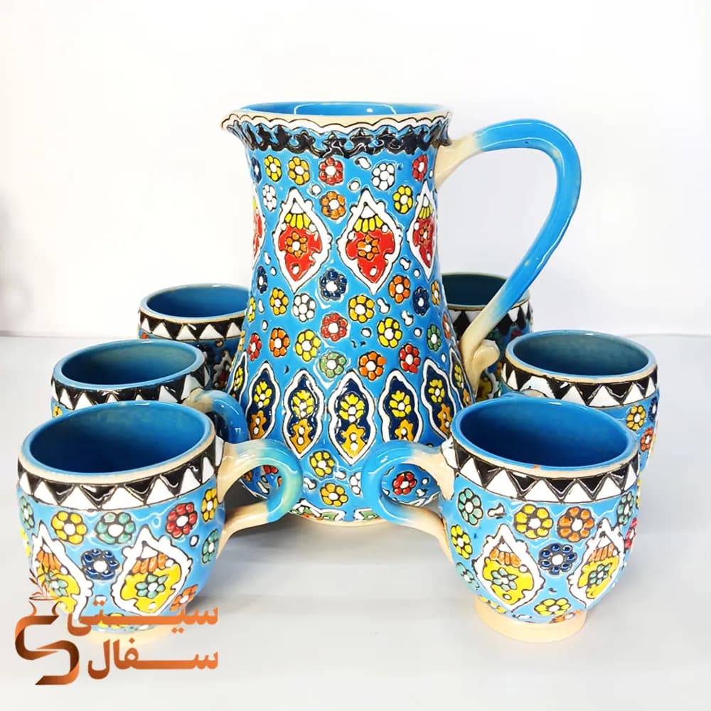 ست پارچ و لیوان میناکاری آبی سفالی (لعاب کوره‌ای اصل و قابل استفاده روزمره)