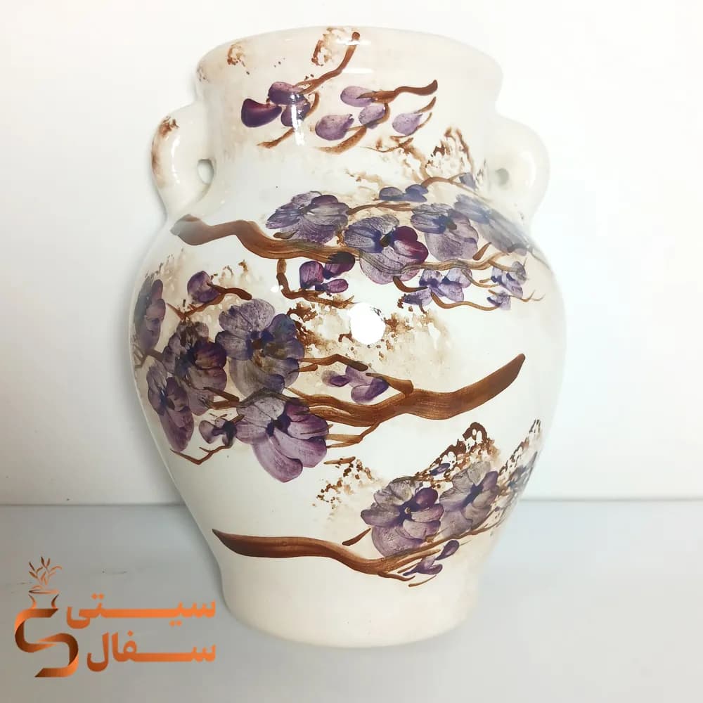 گلدان دیوارکوب شکوفه بنفش سرامیکی با ۳ جای آویز (مناسب گل خشک و پتوس)
