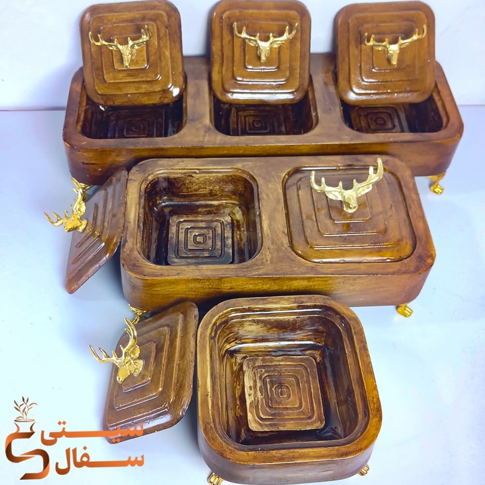 ست پذیرایی سنگ مصنوعی ۳ تکه (تک‌خانه، دوخانه و سه‌خانه) طرح چوب و گوزن با پایه طلایی