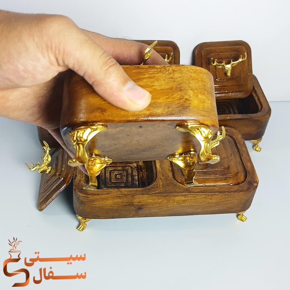 ست پذیرایی سنگ مصنوعی ۳ تکه (تک‌خانه، دوخانه و سه‌خانه) طرح چوب و گوزن با پایه طلایی — تصویر ۴