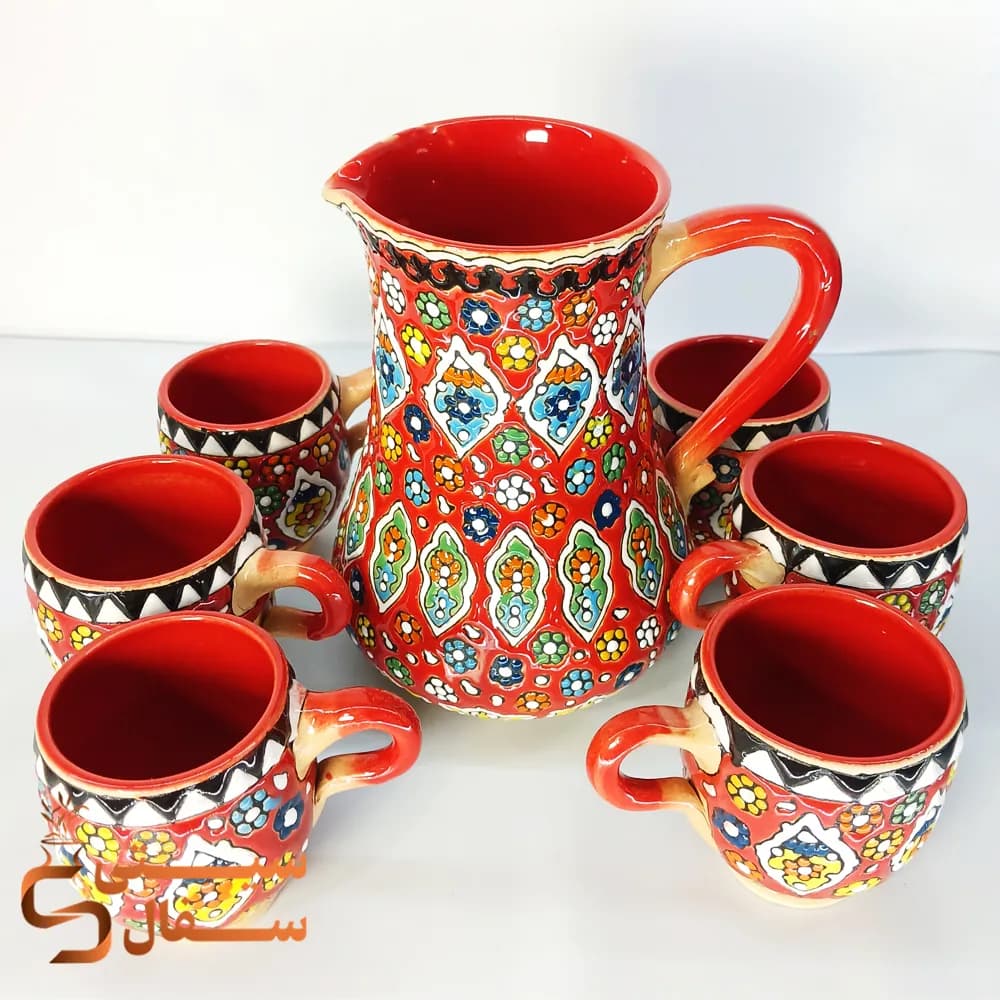 ست پارچ و لیوان میناکاری سفالی سرخ (لعاب کورهای اصل و قابل استفاده روزمره)