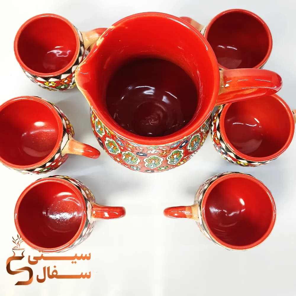 ست پارچ و لیوان میناکاری سفالی سرخ (لعاب کورهای اصل و قابل استفاده روزمره) — تصویر ۳