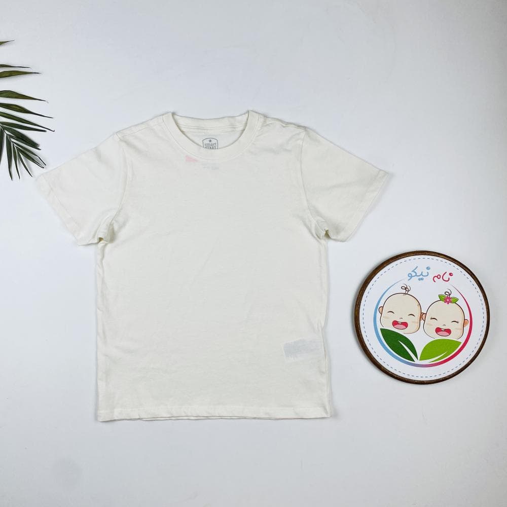 تیشرت پسرانه آستین کوتاه طرح ساده یقه گرد شیری رنگ – 6 تا 8 سال