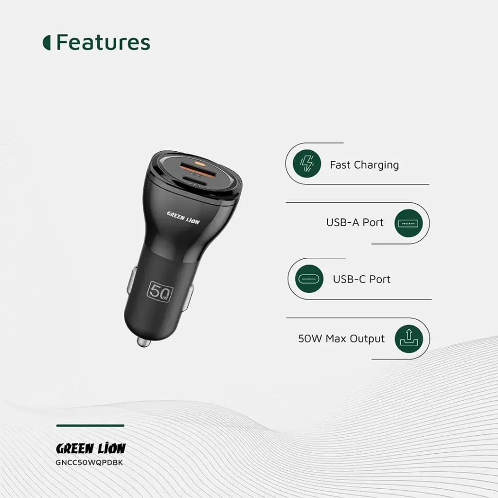 شارژر فندکی 50 وات دو پورت گرین لاین مدل GLC-5 | به همراه کابل USB-C به LIGHTNING — تصویر ۳